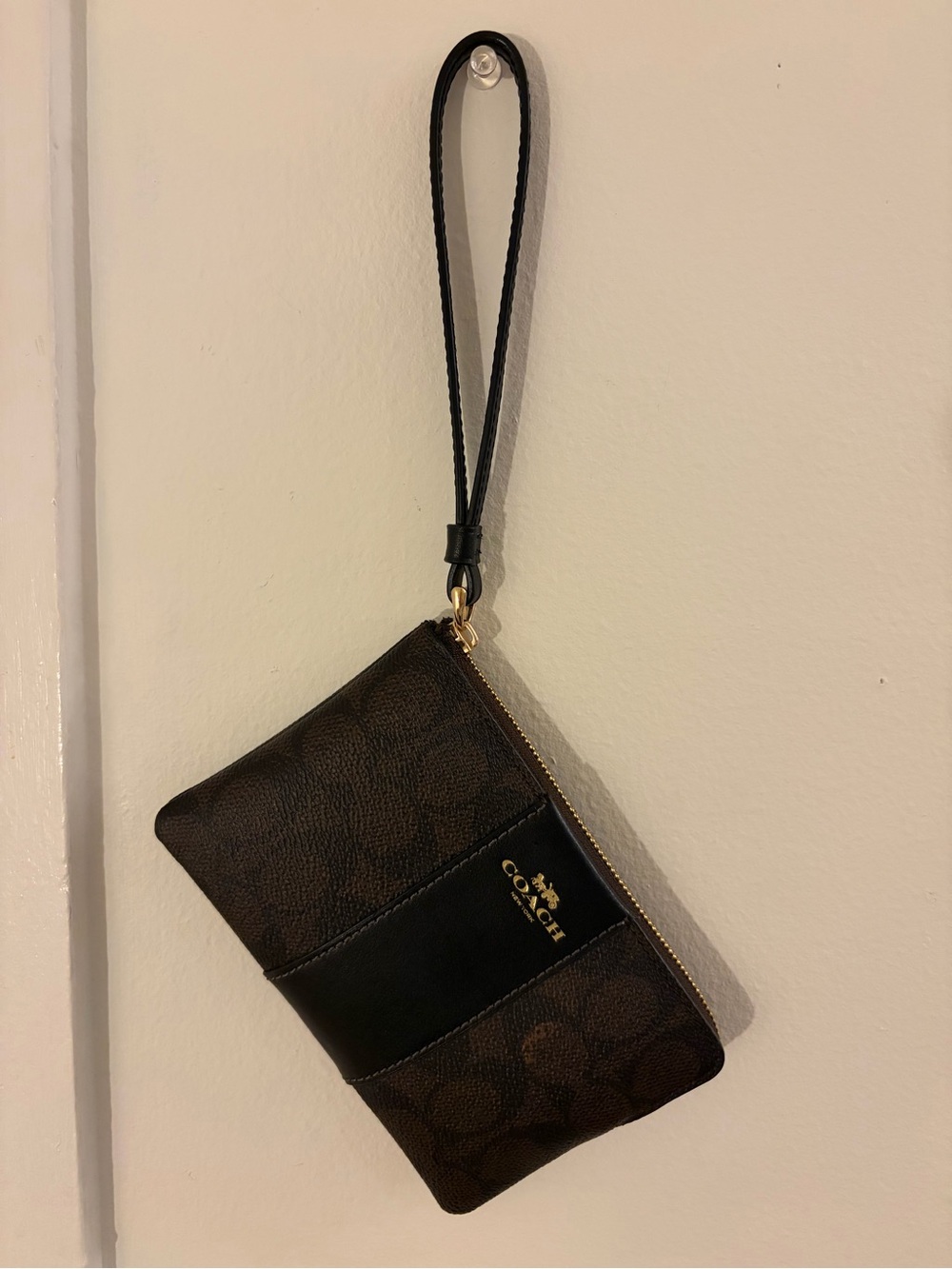 Coach Brown Signature Canvas Wristlet with Black Trim